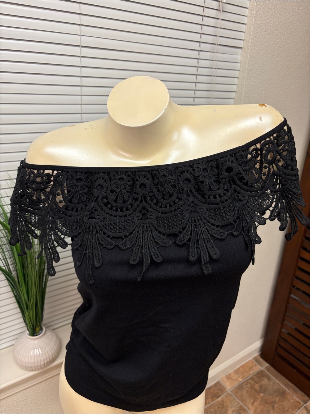 Off-Shoulder Black Crochet Trim Blouse